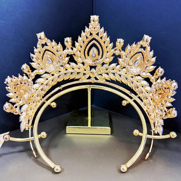 Quinceanera Crown, Purple Rhinestone Crown, Large Size Crown, Gold Crystal Crown - Picture 7 of 7